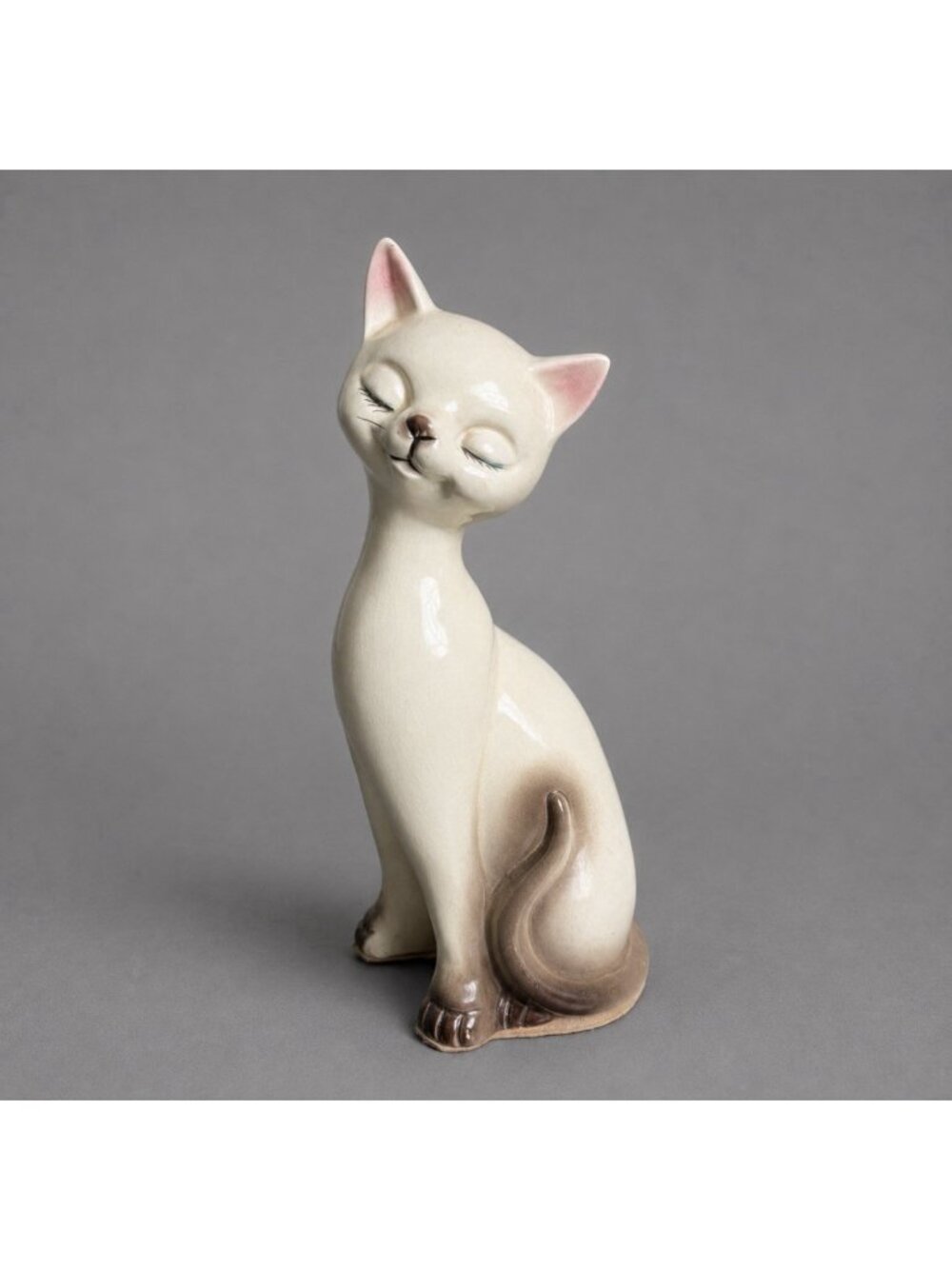 Vintage Mid Century Closed Eyes Off-White 9.5" Ceramic Sitting Cat Figurine READ